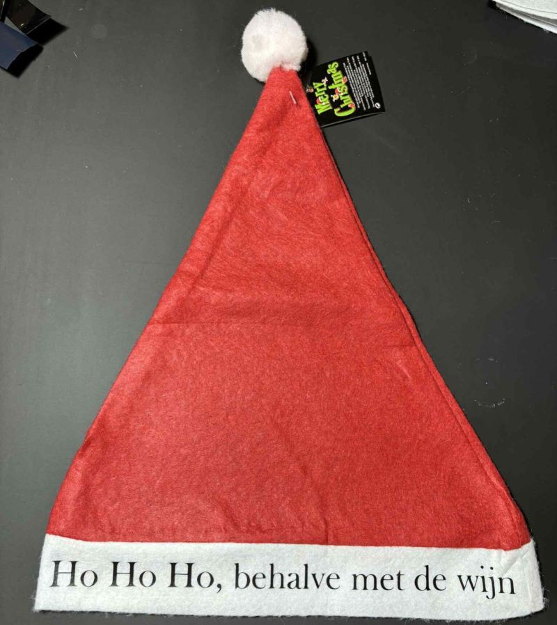 Bedrukte Kerstmuts "Ho Ho Ho, behalve met de wijn"